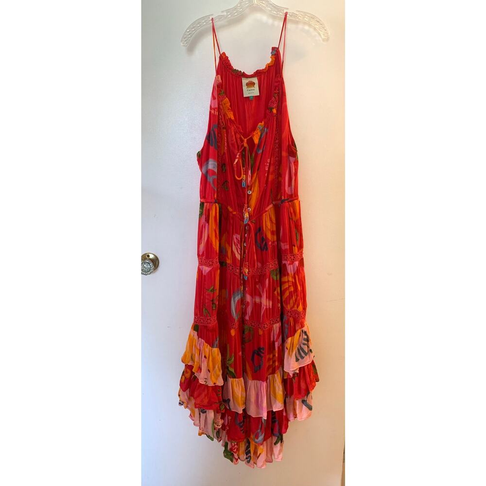 Farm Rio Mixed Fruits Ocean Maxi Dress Tiered Beaded Tassel Tropical Resort XL - Picture 6 of 16